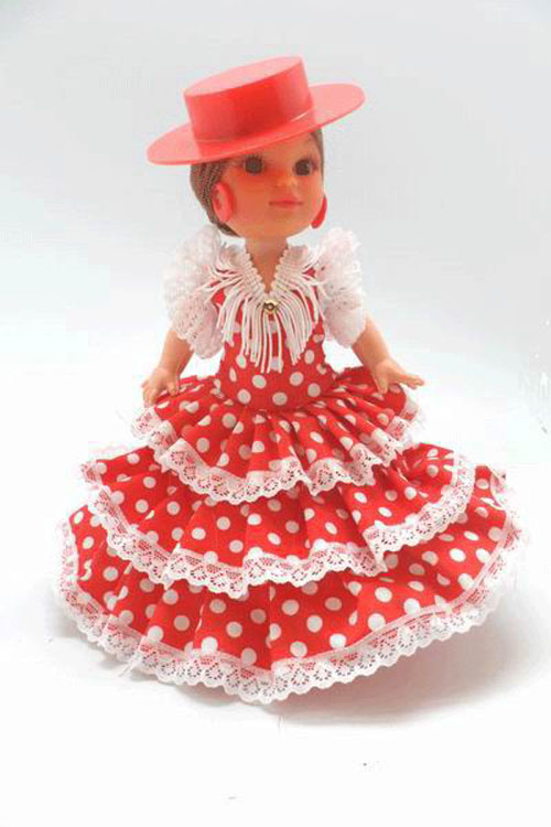Poupées Flamencas avec une Robe Rouge a Pois Blancs et un Chapeau Cordouan Rouge. 25cm