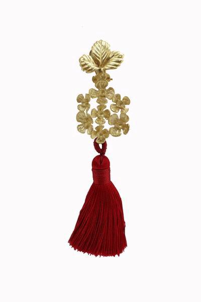Earrings with Small Leaf and a Group of Flowers with Red Fringes
