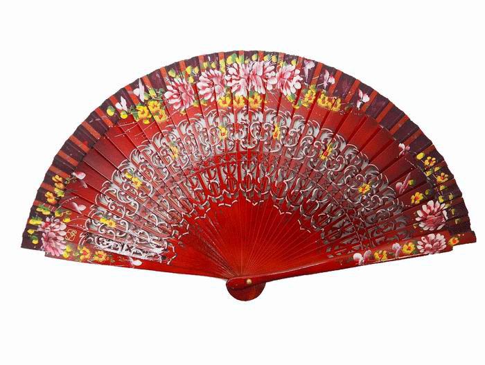 Dark Red Fan with Fretwork and Hand-painted Flowers in both sides