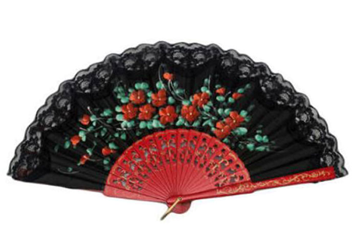 Economical Fan with Lace and Painted Flowers and Red Fretwork Ribs