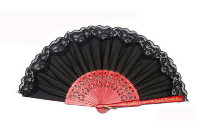 Plain Black Fan with Red Fretwork Ribs Decorated with Gold details and Black Lace