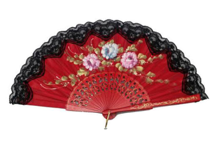 Red Fan with Painted Flowers on the Ribs and Black Lace