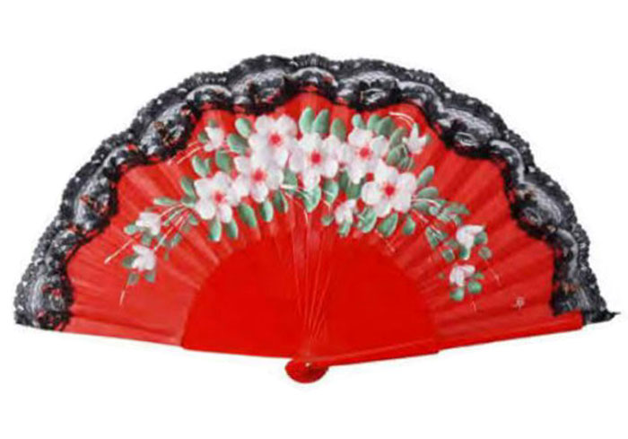 Wooden Red Fan with Painted Flowers and Lace