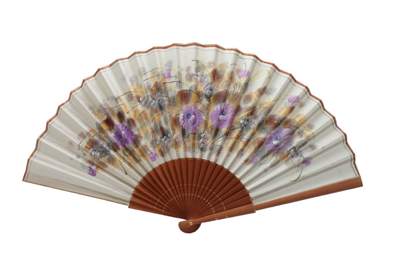 Beige Hand Made Fan With Painted Flowers and Polished Pear Tree Wood Ribs