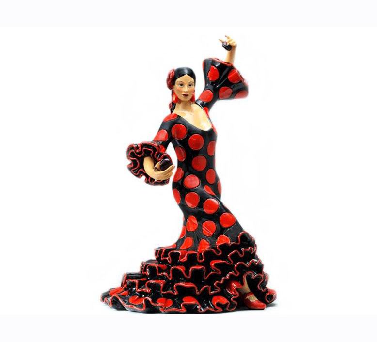 Bailaora Tocando Castañuelas con Traje de Flamenca Negro Lunar Rojo. 28cm