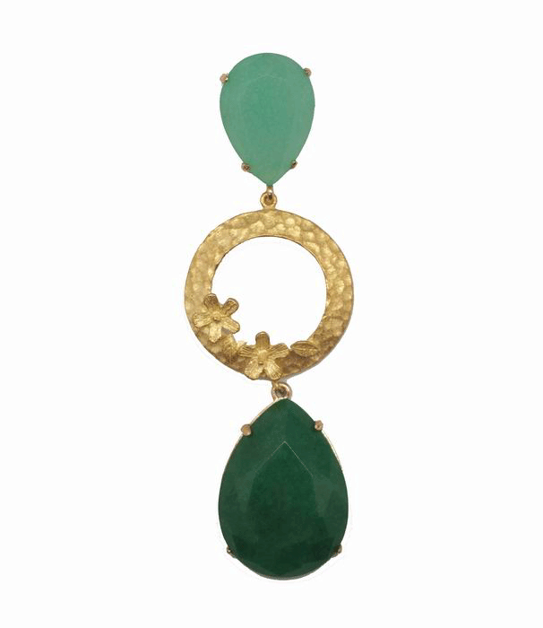 Long Earrings in Aqua and Emerald Green and Golden Hoop with Two Flowers