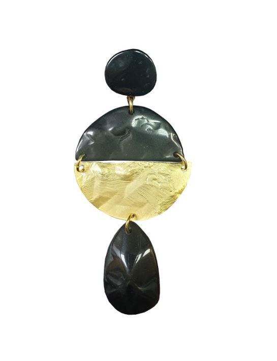 Round-shaped Party Earrings in Golden and Black Crystal Resin with a Tear-Drop