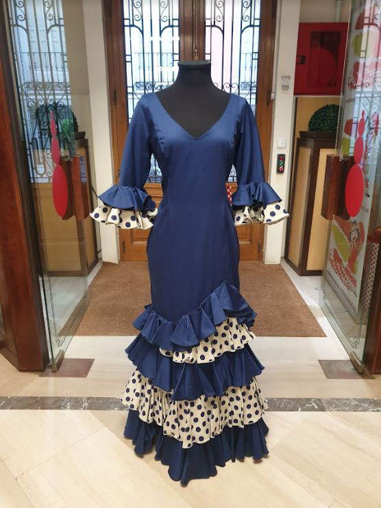 Conquistador Soleado Restricción T 46. Vestido de Flamenca Outlet. Mod. Alegría Azul Marino. Talla 46