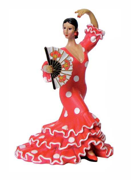 Flamenco Dancer with Matt Costume in Red with dots and Fan. 17cm