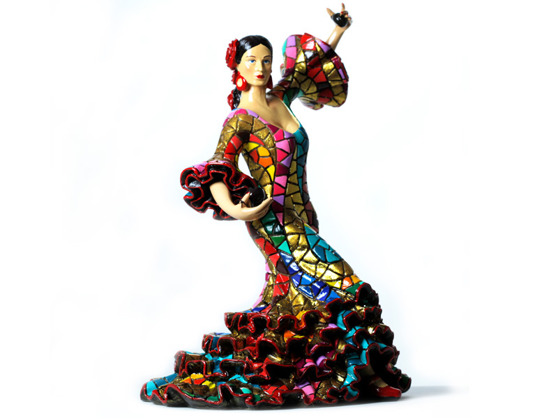 Carnival Bailaora Playing Castanets with Milticolor Flamenco Outfit. 40cm