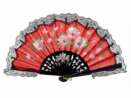 Hand painted wood fan with black lace