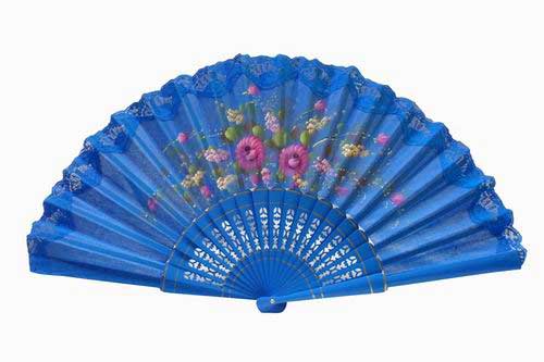 Hand painted fan with blue lace. ref. 150ENCJ