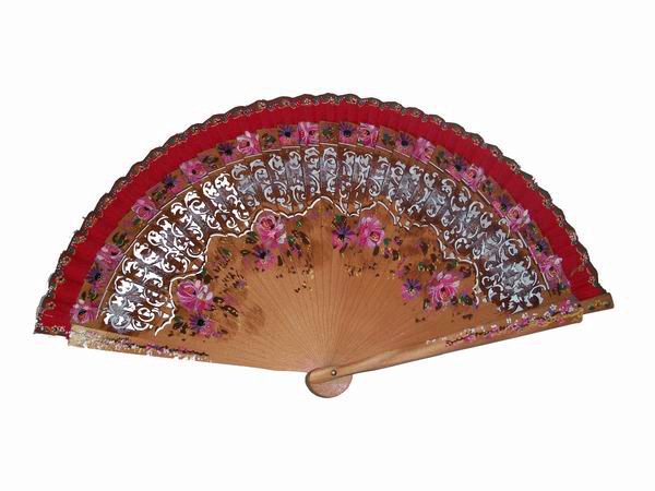 Handcrafted Wood Fan With Painted Flowers on Both Sides Ref. 106