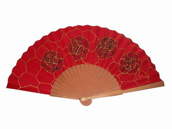 Red silk fan with red flowers and handpainted golden rim