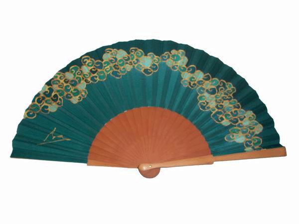 Green and Golden Natural Silk Fan With Polished Pear Wood Ribs