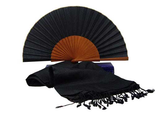 Ensemble évantail et foulard en soie couleur noire