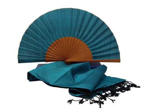 Ensemble éventail et foulard de soie turquoise