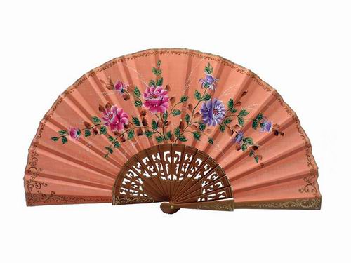 Salmon Colour Fabric Fan with Hand Painted Flowers and Polished Pear Wood Lace Ribs. 45X25cm