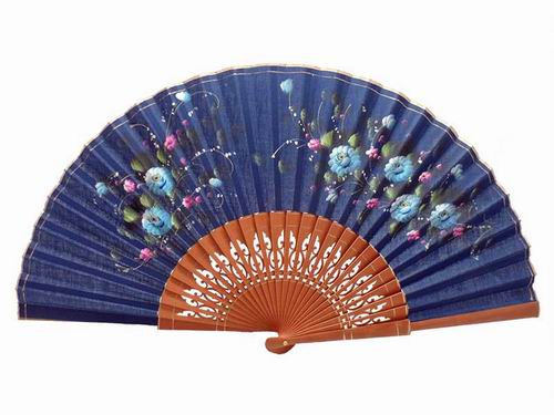 Navy Blue Lace Fan With Hand Painted Flowers And Polished Pear Tree Wood Ribs. 50X27cm