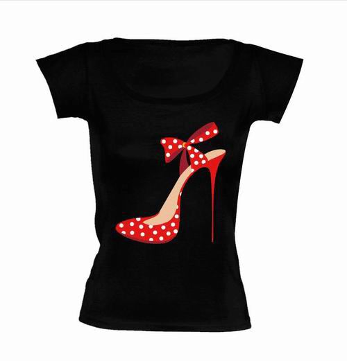 Black T-Shirt Depicting Polka Dots with Bow Shoe