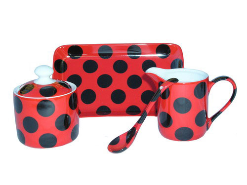 Sugar bowl Set, jug and tray with black polka dots and red background