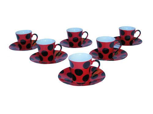 Set of 6 small cups with black polka dots and red background