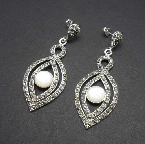 Marcasite and Mother-of-Pearl Ogival Drop Earrings