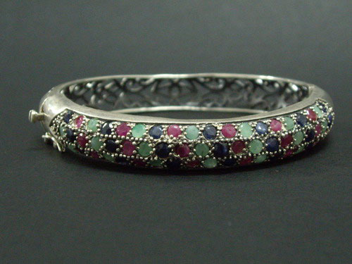 Silver bracelet with ruby, sapphires and emeralds
