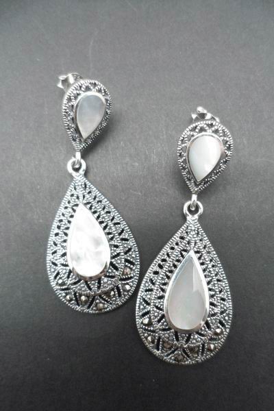 Fretwork with Marcasite Silver and Mother-of-Pearl Protracted Drop Earrings. 4.5cm