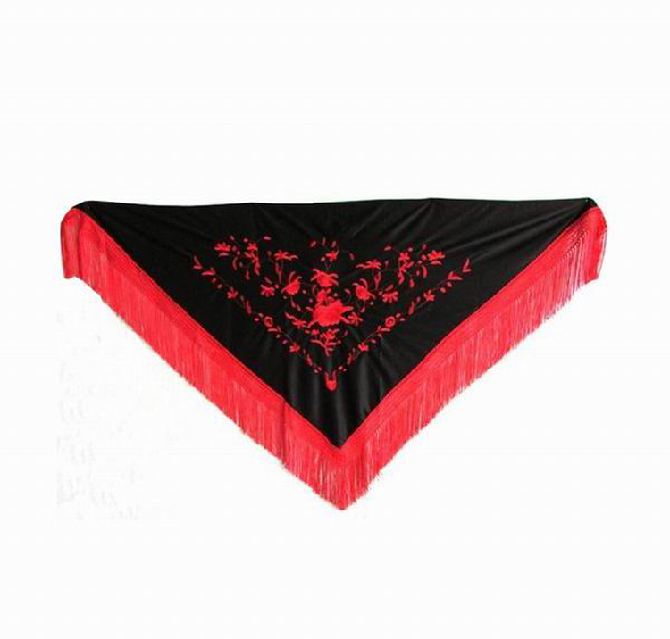 Châle Triangulaire Noir Brodé en Rouge. 160cm X 70cm