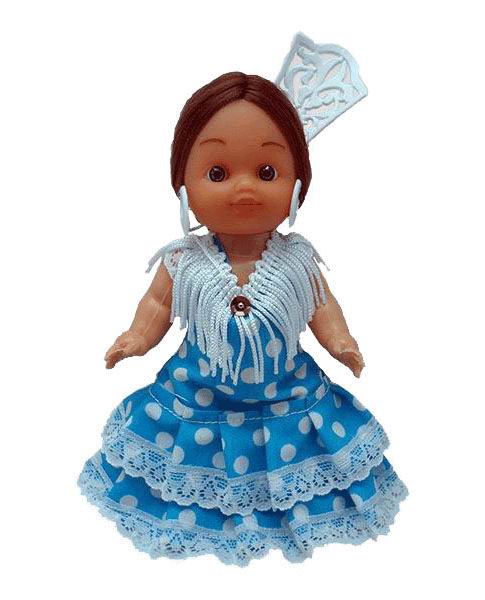 Flamenca Doll with Comb and Blue Dress with White Polka dots. 15cm