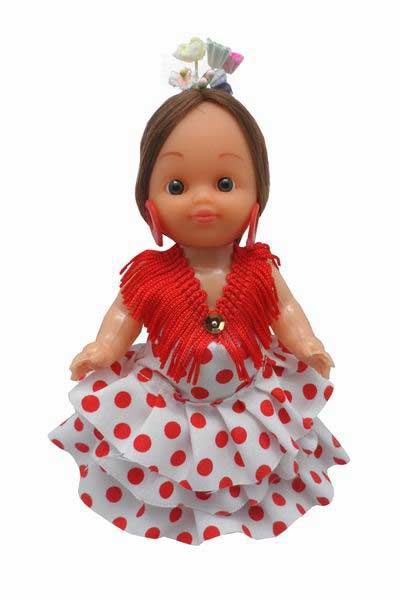 フラメンコ人形 赤い水玉模様ドレス&コサージュ（花）. 15cm