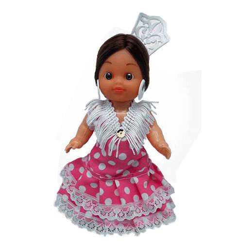 Flamenca Doll with Comb and Fuxia Dress with White Polka dots. 15cm