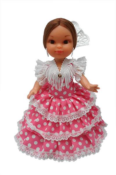 Muñecas con Traje de Flamenca Fucsia Y Lunar Blanco con Peineta. 25cm