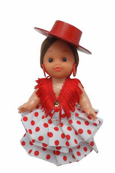 フラメンコ人形 赤い水玉模様 赤いコルドベス帽子. 15cm
