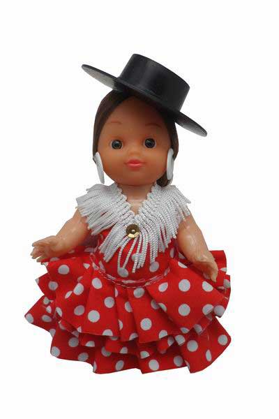 Poupée Danseuse Flamenco Robe à Pois Blanches Chapeau Noir. 15cm