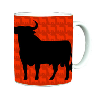 Black Osborne bull mug. Orange mini bulls in the background