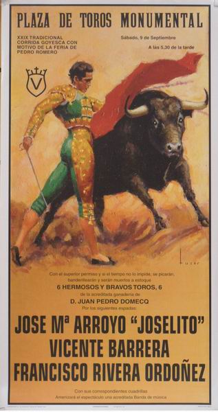 Poster of the Monumental bullring of Madrid. Toreros Joselito, Vicente Barrera and Francisco Rivera Ordoñez