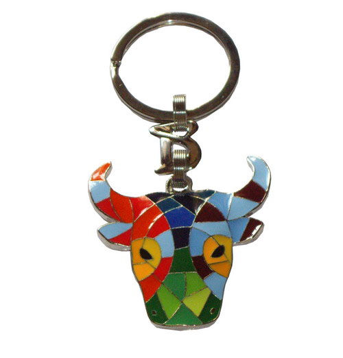 Key ring with multicolor and mosaic headed bull