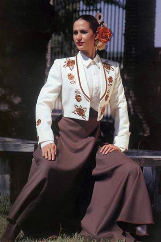 Ivory Horsewoman's Jacket Embroidered with Brown Roses and Brown Cordobesa Skirt