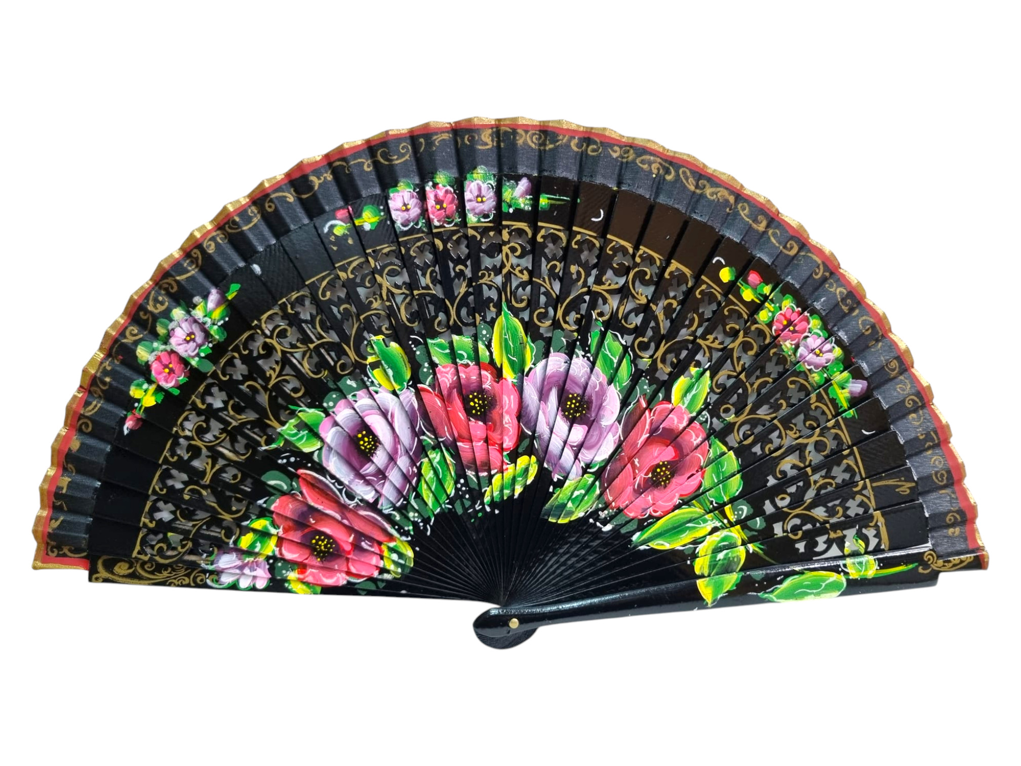 Abanico de Madera de Sicomoro 23 cm – Calado y Pintado a Mano en Negro con Flores