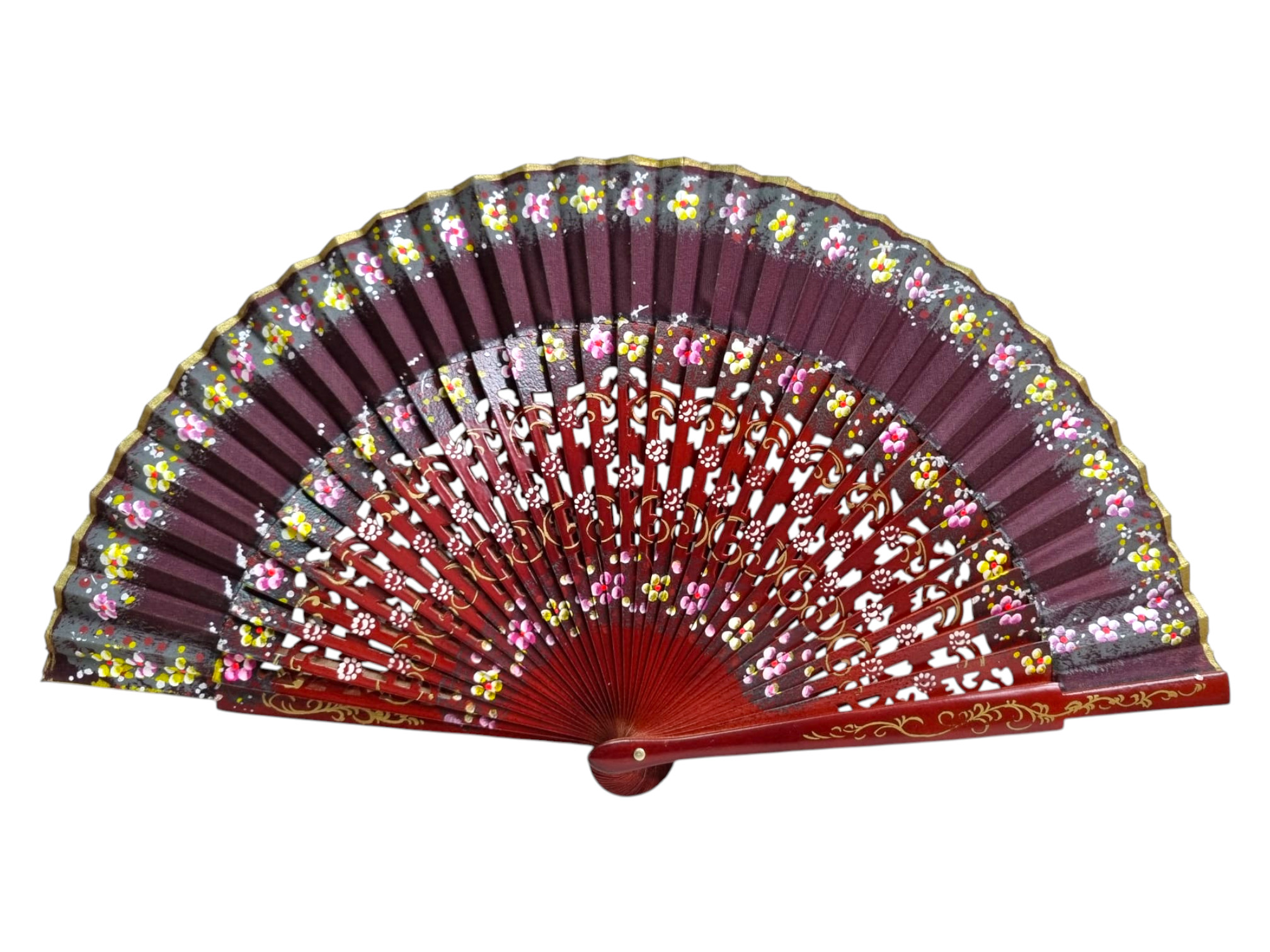 Abanico de Madera de Sicomoro 23 cm – Calado y Pintado a Mano en Granate con Flores