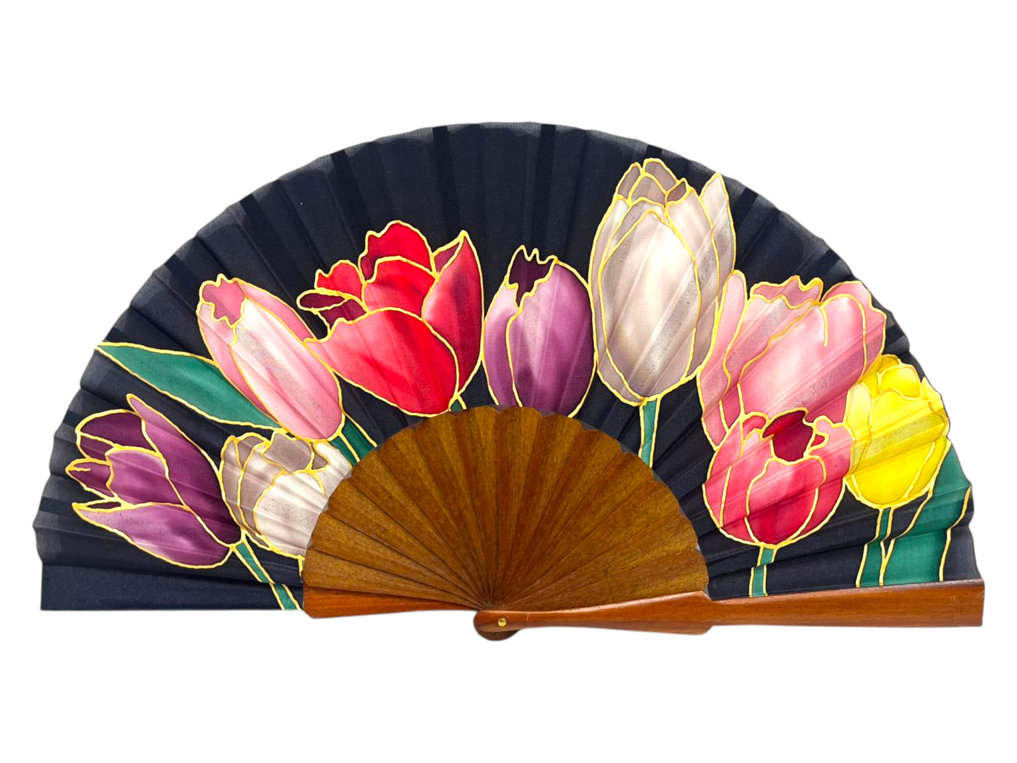 Painted Silk Fan with Polished Pear Wood Sticks. MA21