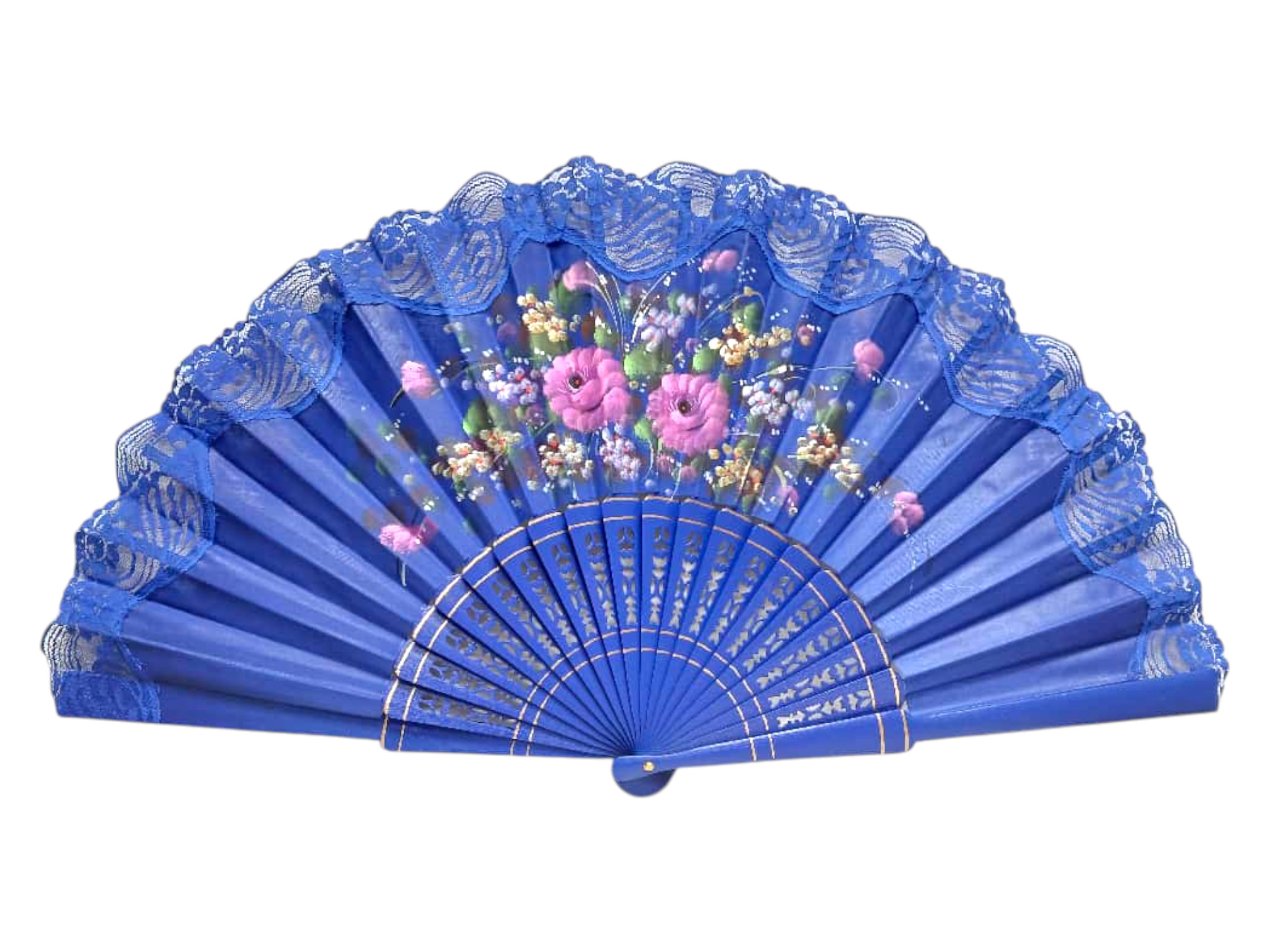 Abanico pintado a mano con puntilla azul. ref. 150AZOSCENCJ