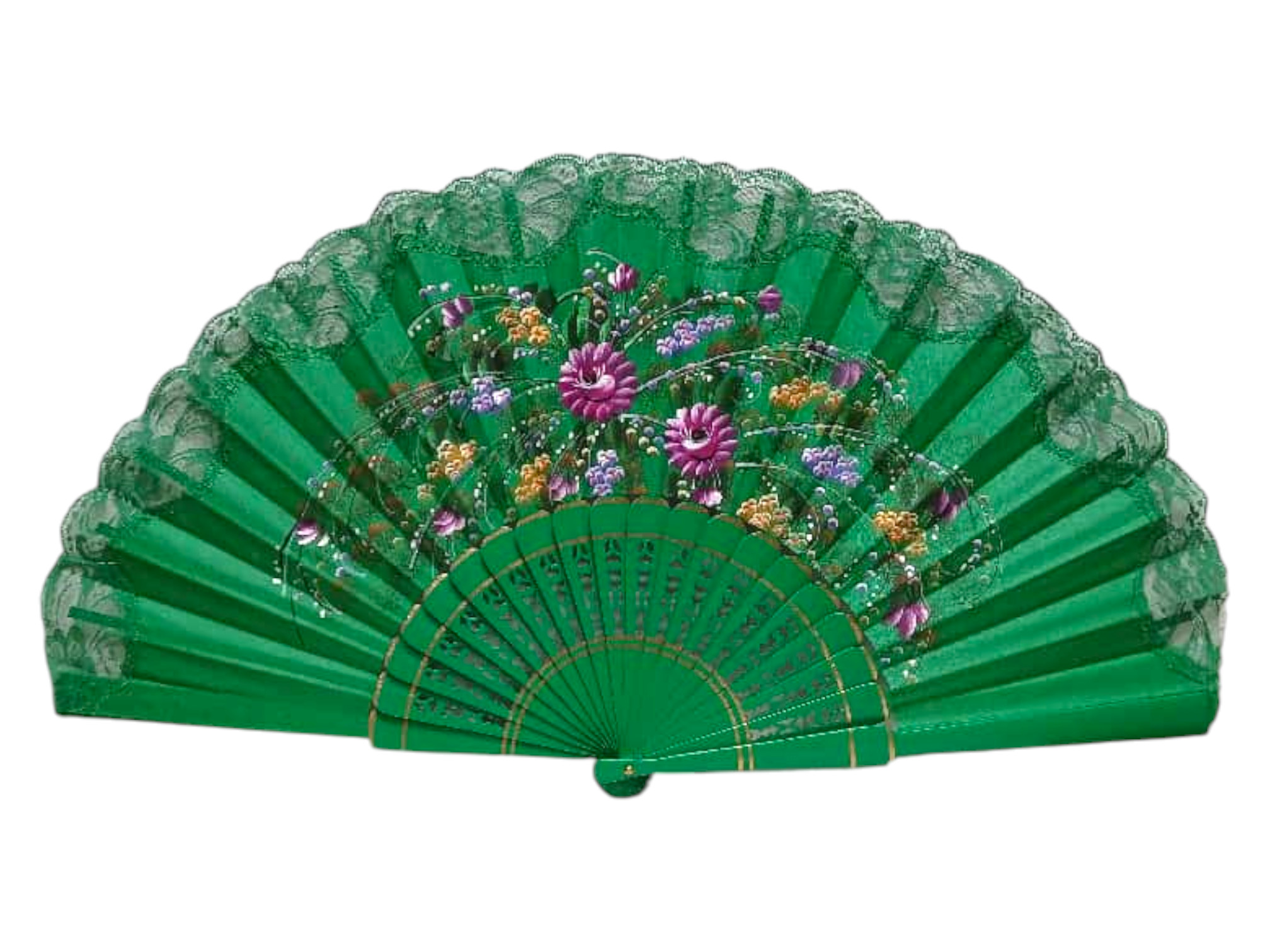 Abanico pintado a mano con puntilla Verde. ref. 150ENCJ