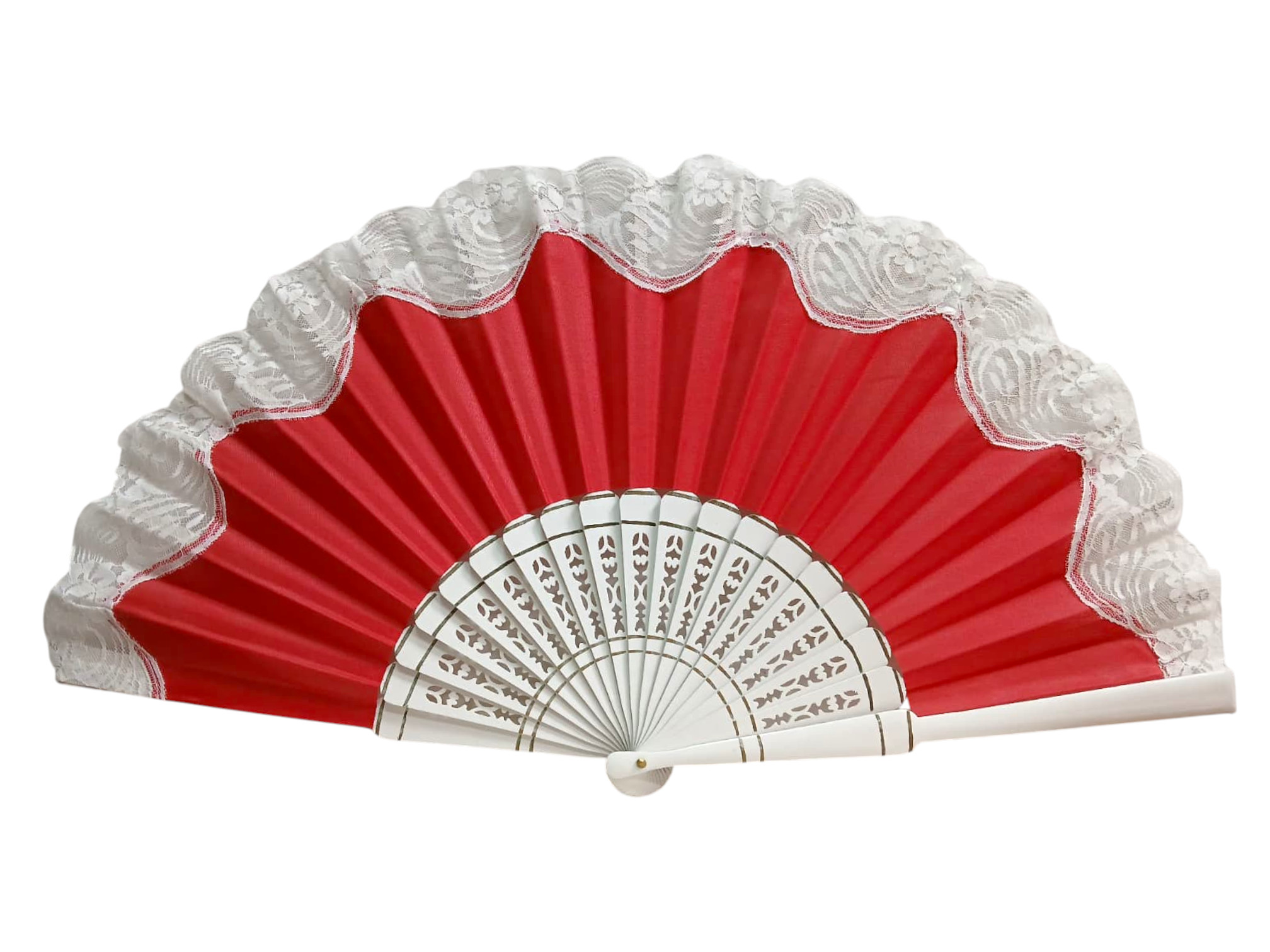 Abanico pericón flamenco con encaje y varillas caladas blancas – 60 × 33 cm