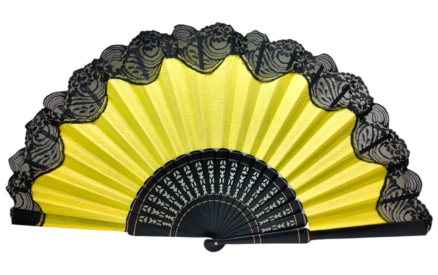 Abanico pericón flamenco con encaje negro y varillas caladas – 60 x 33 cm