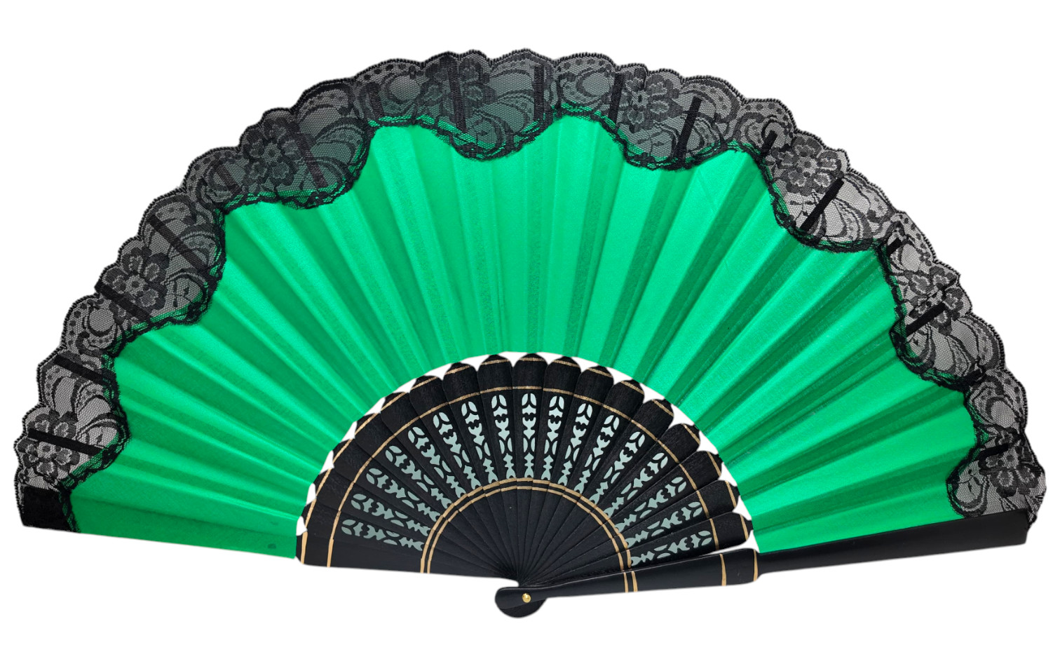 Abanico pericón flamenco con encaje negro y varillas caladas – 60 x 33 cm