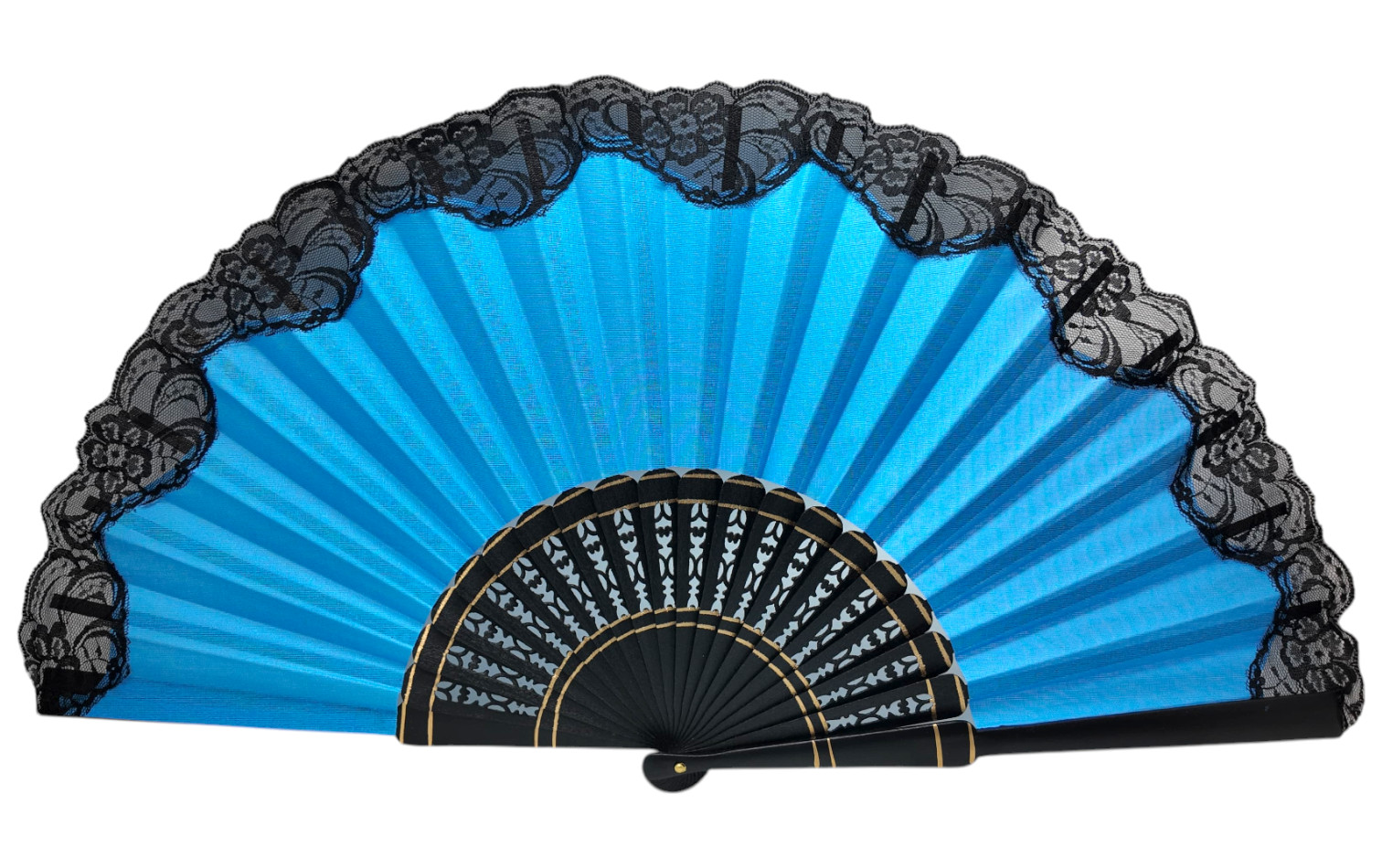 黒いレースと穴あきの棒を持つフラメンコのペリコン扇 - 60 x 33 cm