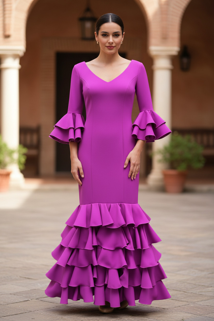 Talla 34. Trajes de Flamenca de Alta Calidad | Colores Lisos. Mod. Carmela Buganvilla